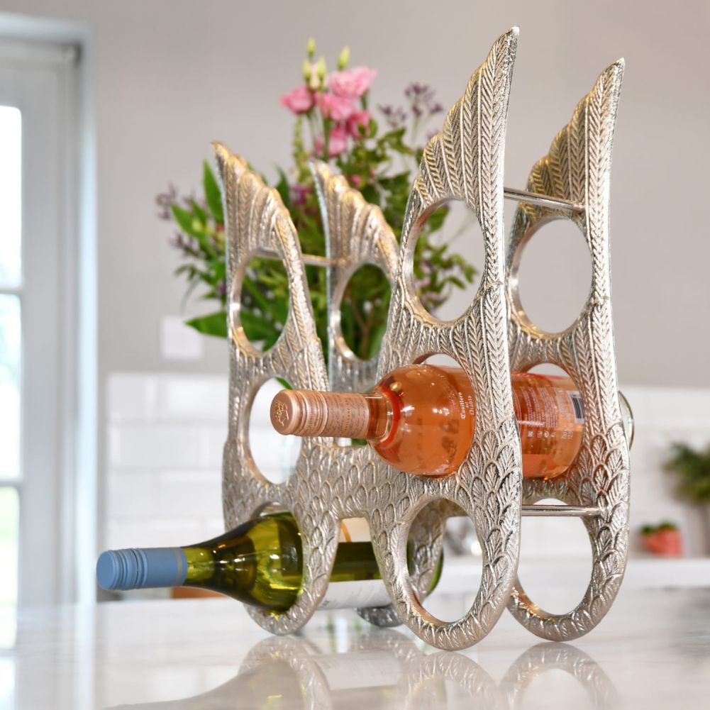 6 Bottle Antique Nickel Angel Wings Table Top Wine Rack Side View