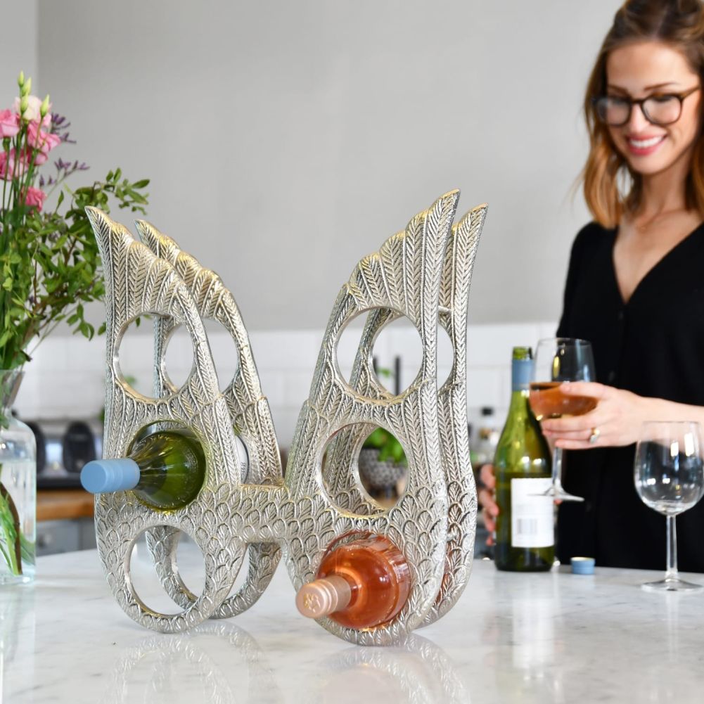 6 Bottle Antique Nickel Angel Wings Table Top Wine Rack In Situ