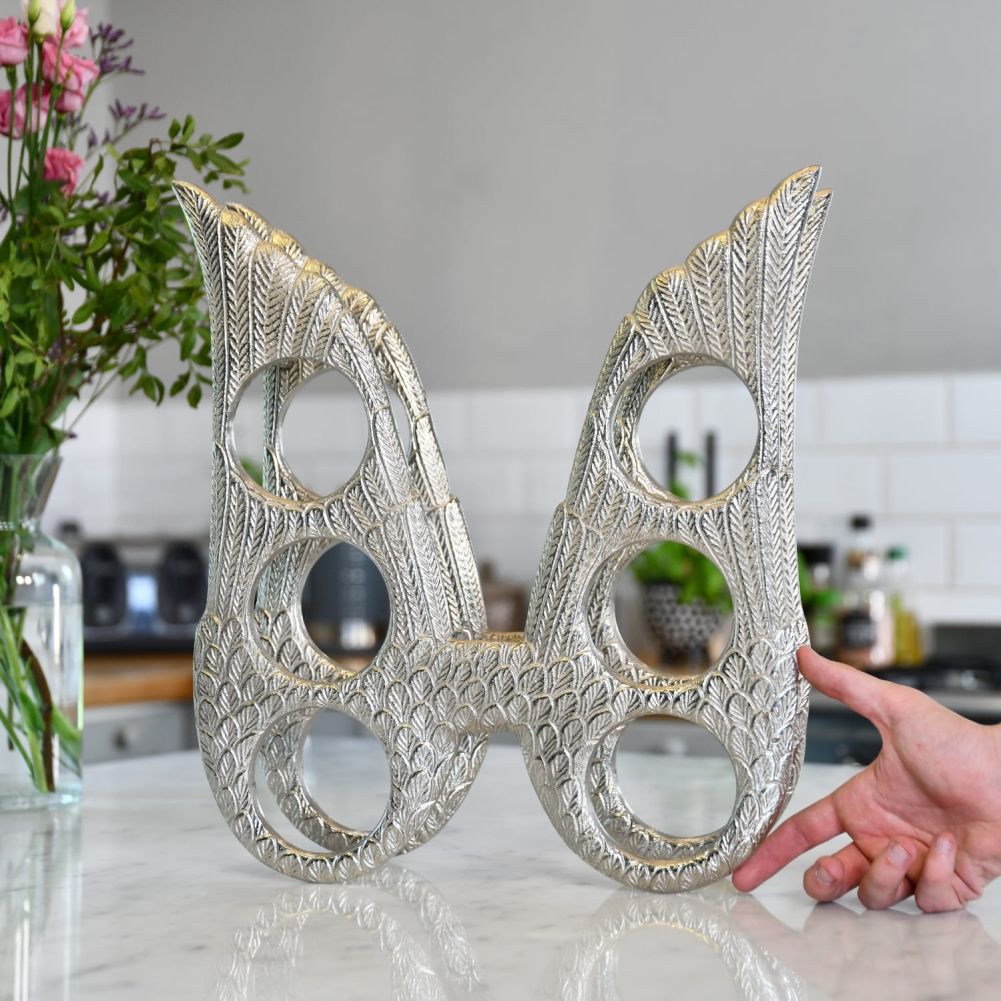 6 Bottle Antique Nickel Angel Wings Table Top Wine Rack With Hand For Scale