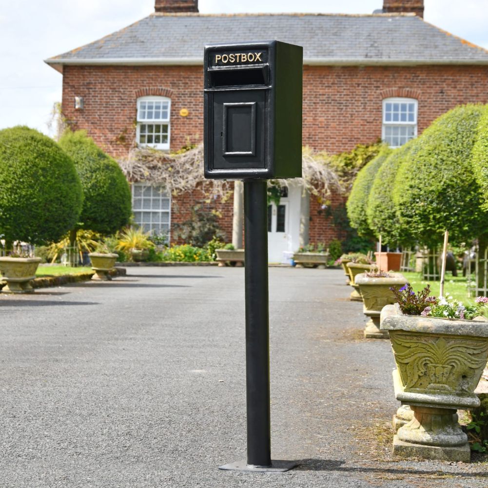Black and Gold Traditional Iron Post Box With Stand
