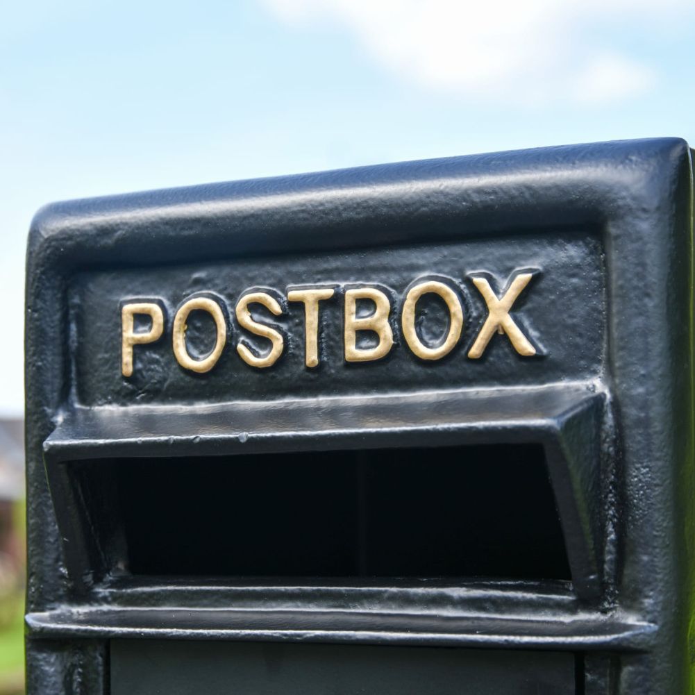 Black and Gold Traditional Iron Post Box With Stand Letter Detail