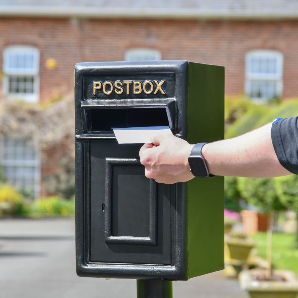 Black and Gold Traditional Iron Post Box With Stand Scale View