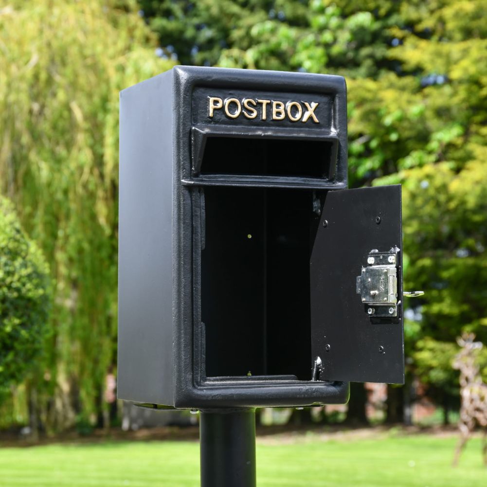Black and Gold Traditional Iron Post Box With Stand Open Door