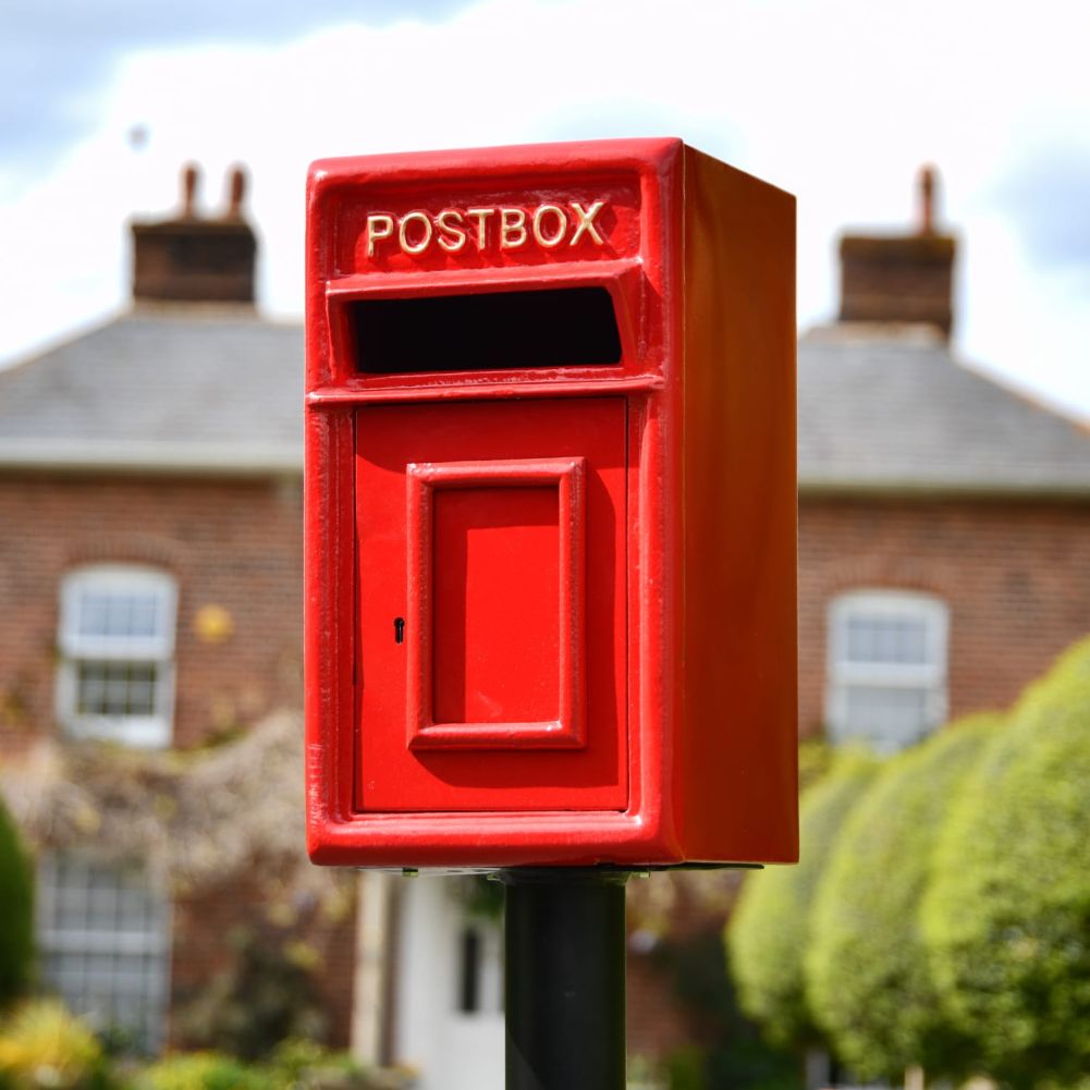Red and Gold Traditional Iron Post Box In Situ