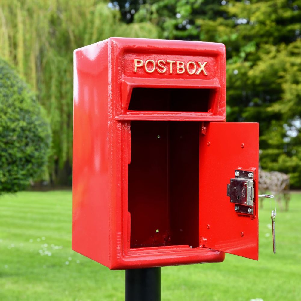 Red and Gold Traditional Iron Post Box Door Open View