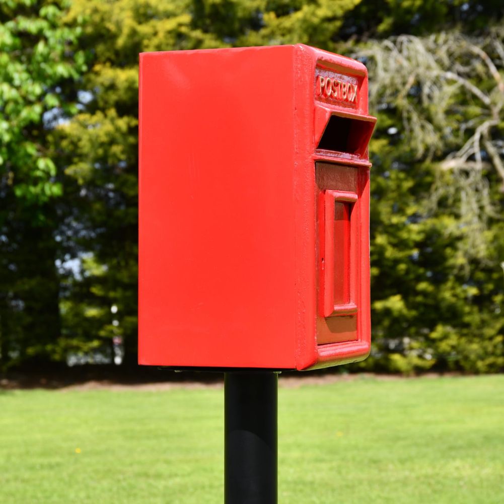 Red and Gold Traditional Iron Post Box Side View