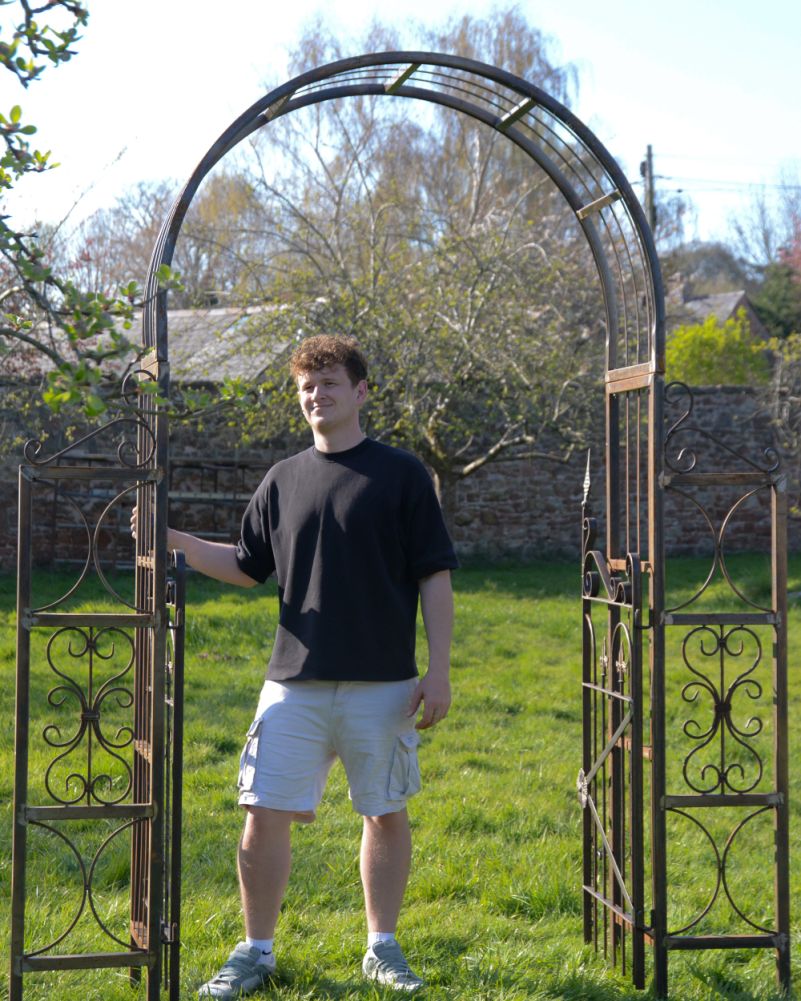 Ornate Rustic Wightwick Natural Steel Rose Arch With Gate To Scale