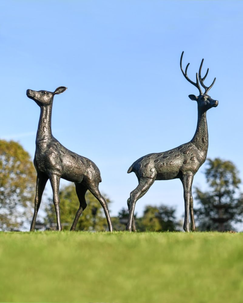 Pair of Aged Verdigris Stag & Doe Garden Sculptures
