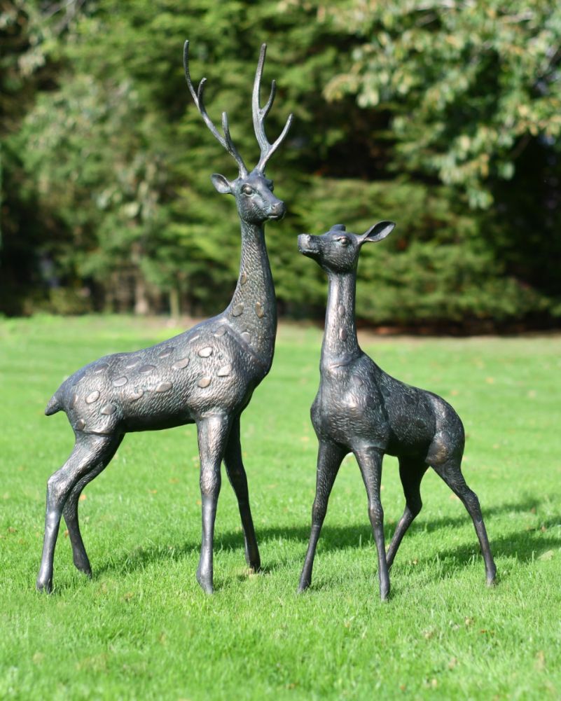 Pair of Aged Verdigris Stag & Doe Garden Sculptures