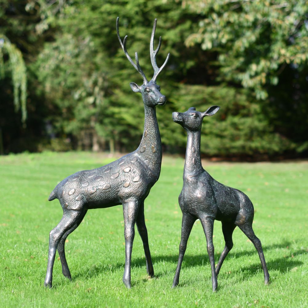 Pair of Aged Verdigris Stag & Doe Garden Sculptures