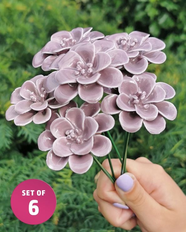 Set Of Six Purple Hydrangea Ornate Ceramic Flower Top
