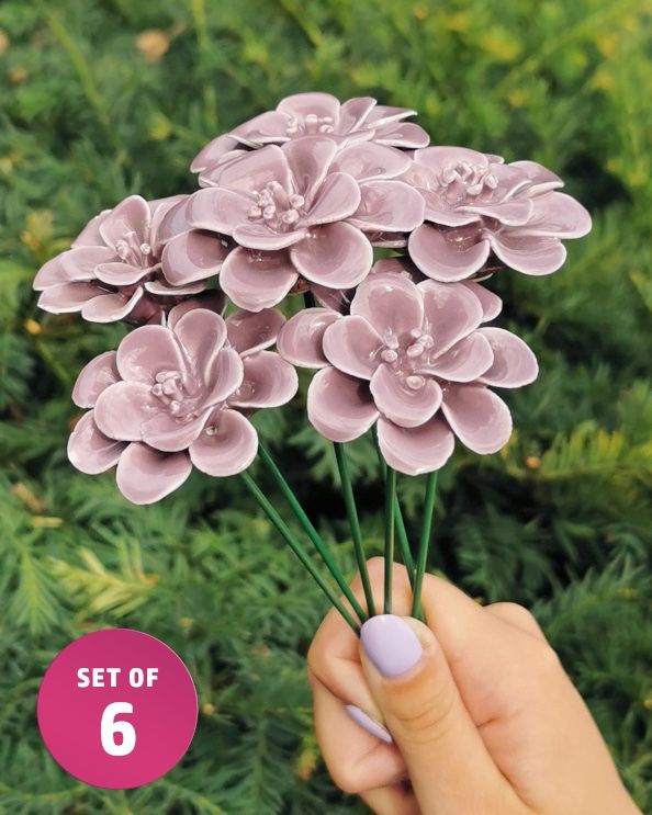 Set Of Six Purple Hydrangea Ornate Ceramic Flower 
