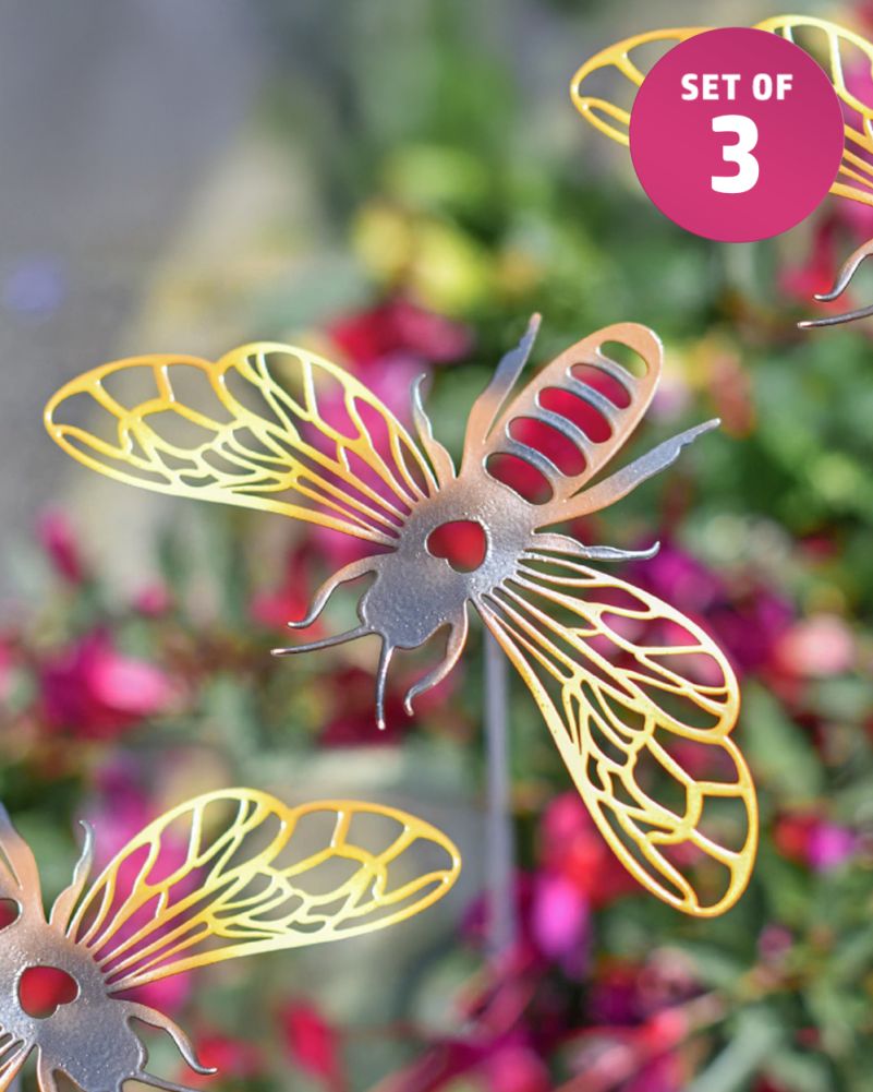 Set Of Three Ornate Bee Garden Spikes