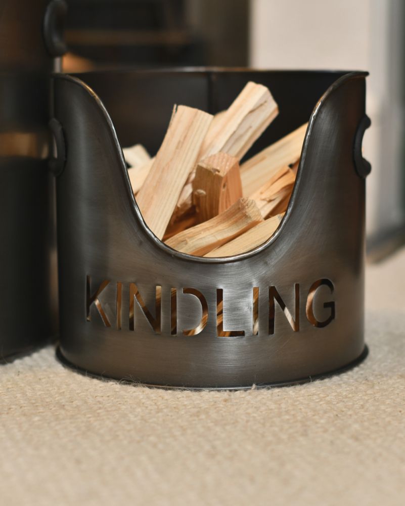Set Of Two Steel 'Rame' Silver Logs & Kindling Buckets With Cut Out Lettering