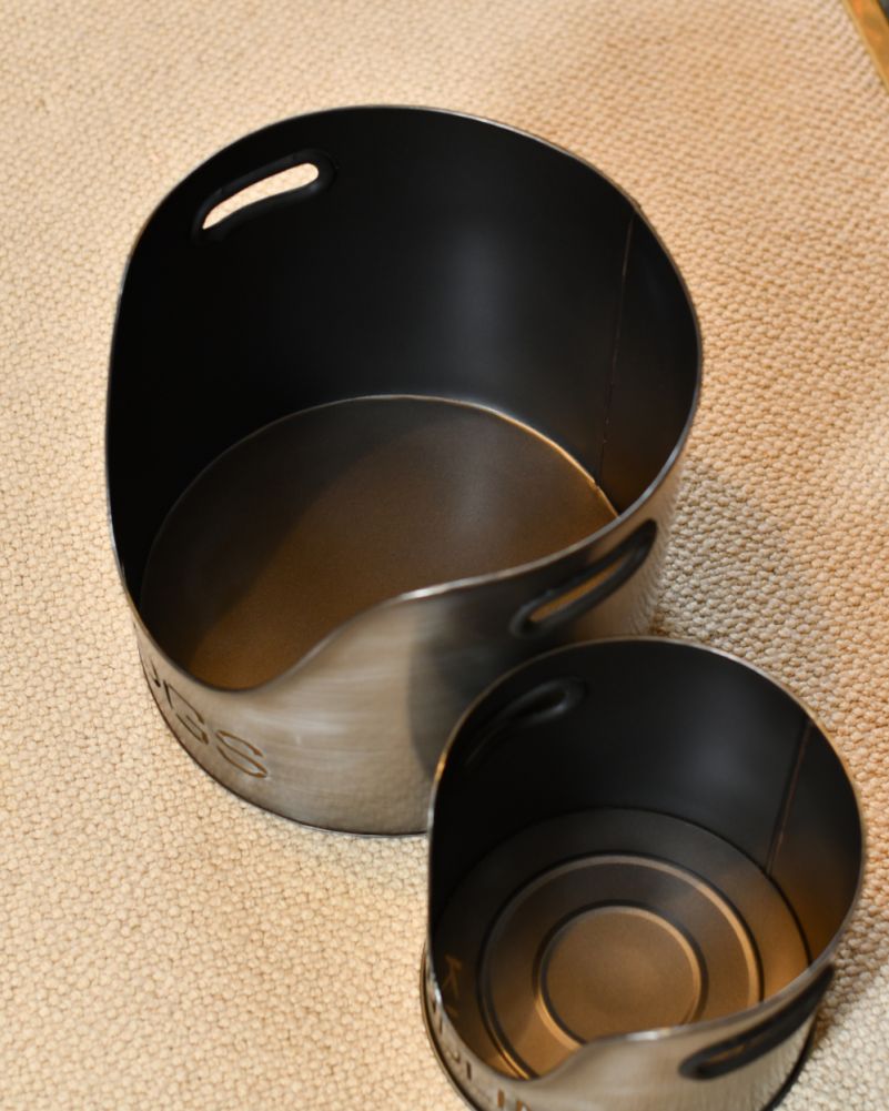 Set Of Two Steel 'Rame' Silver Logs & Kindling Buckets Above