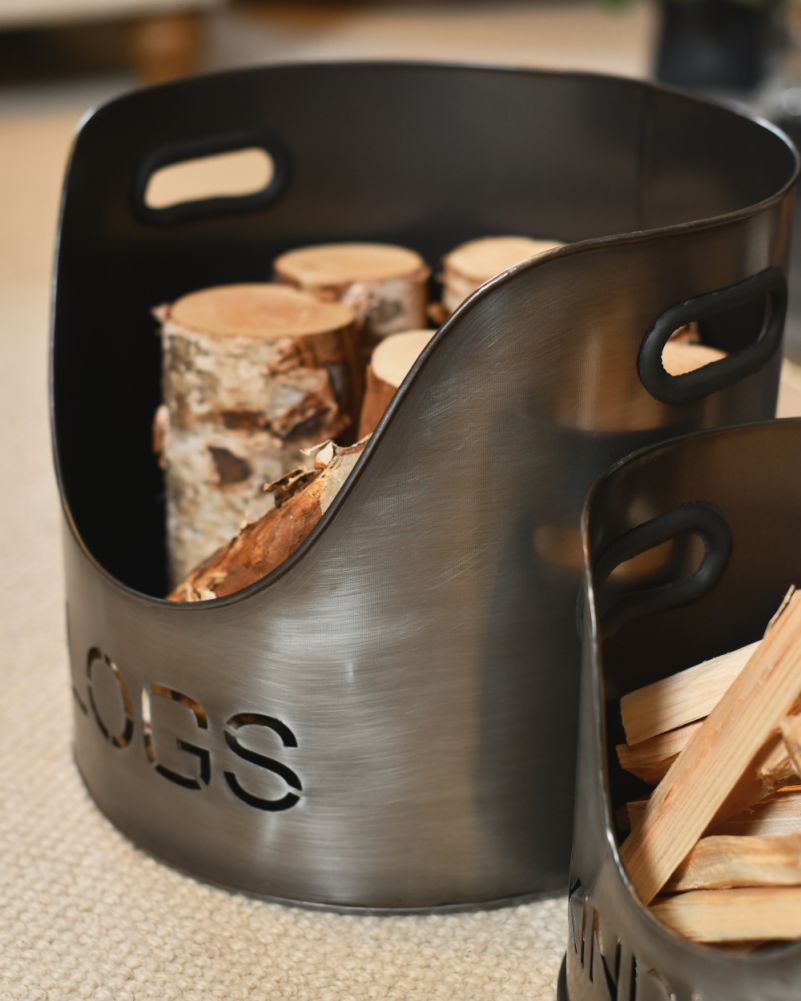 Set Of Two Steel 'Rame' Silver Logs & Kindling Buckets Close Up
