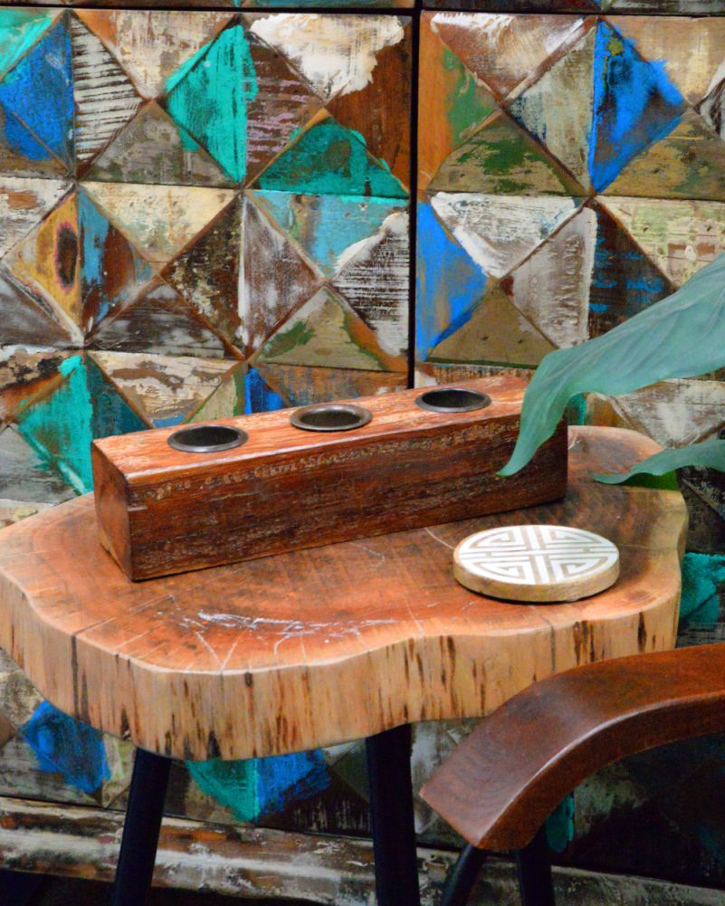 Set Of Two Triple Recycled Wood Tealight Holder Details
