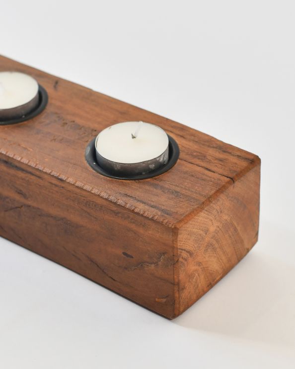 Set Of Two Triple Recycled Wood Tealight Holder Close up