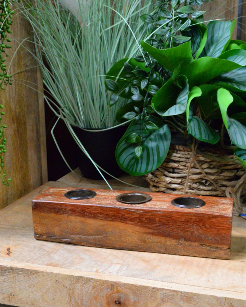Set Of Two Triple Recycled Wood Tealight Holder  In A Setting