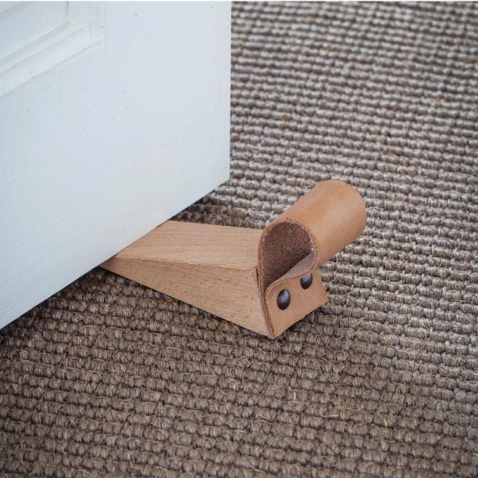 Wood & Leather Door Wedge in Situ