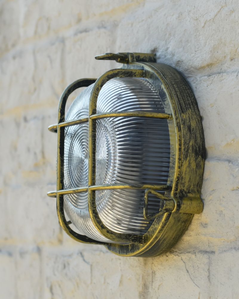 Side Of The Brushed Brass 'Caspian' Round Nautical Bulkhead Wall Light