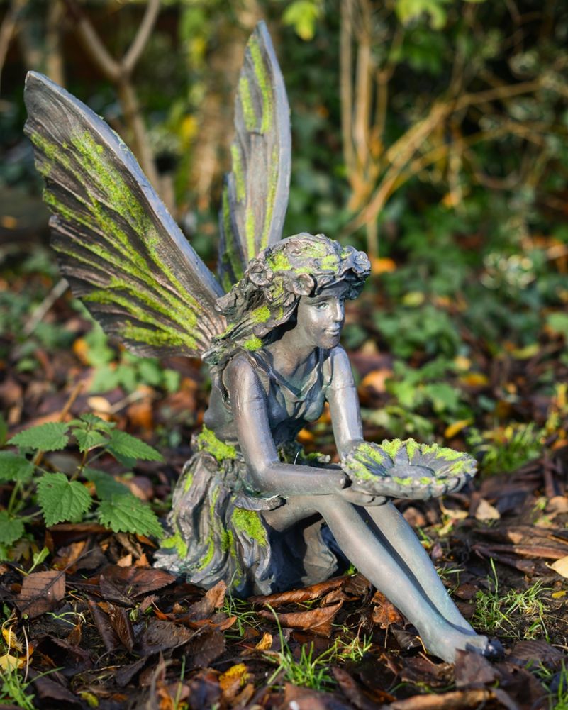 'Silent Offering' Aged Verdigris Resin Fairy Garden Sculpture In Situ