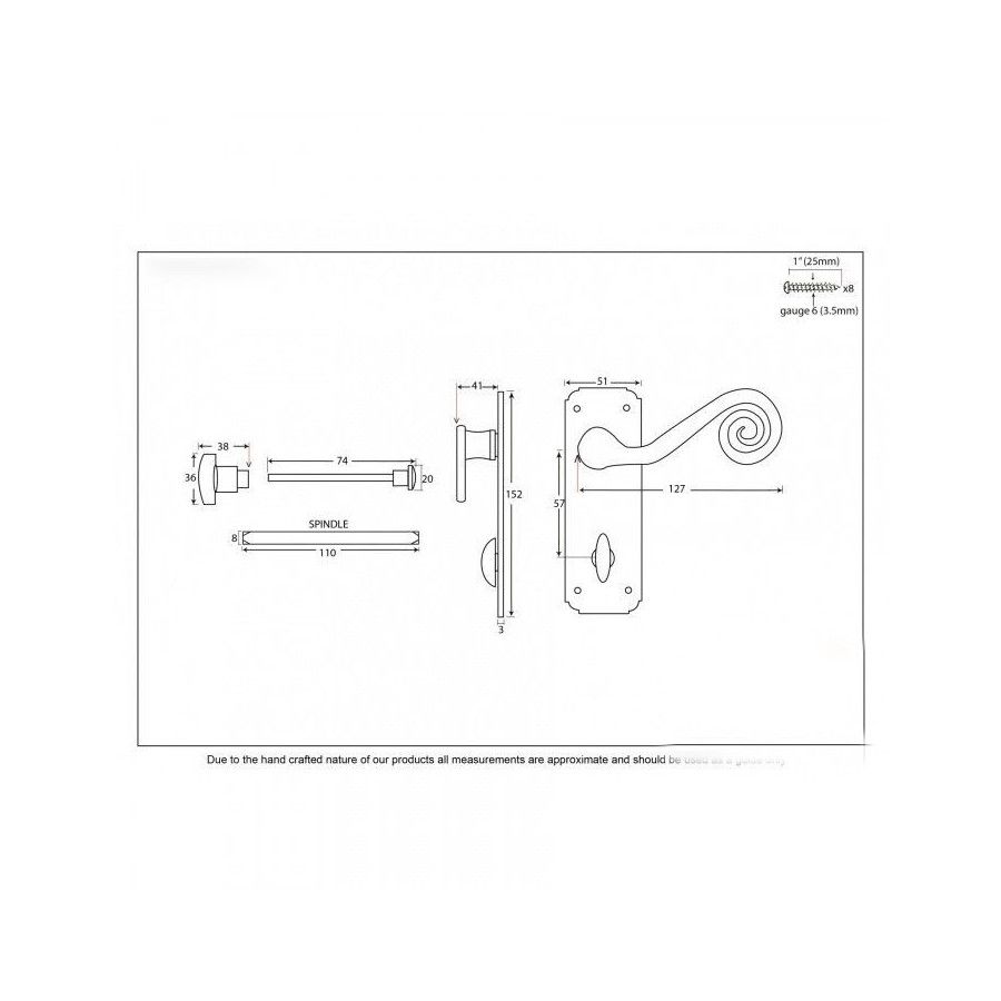Simplistic Black Monkey tail Door Handle & Lock Bathroom Set Dimensions