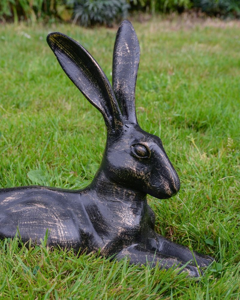 'Skipper' The Black & Gold Basking Hare Garden Sculpture Face