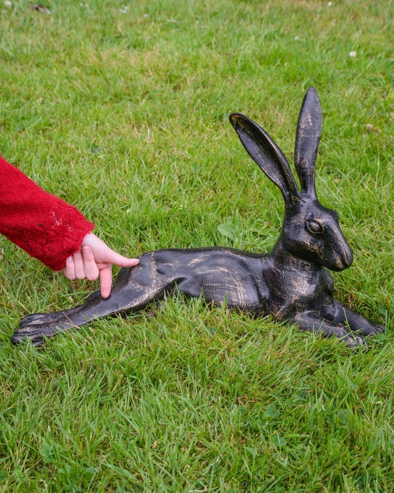 'Skipper' The Black & Gold Basking Hare Garden Sculpture Scale