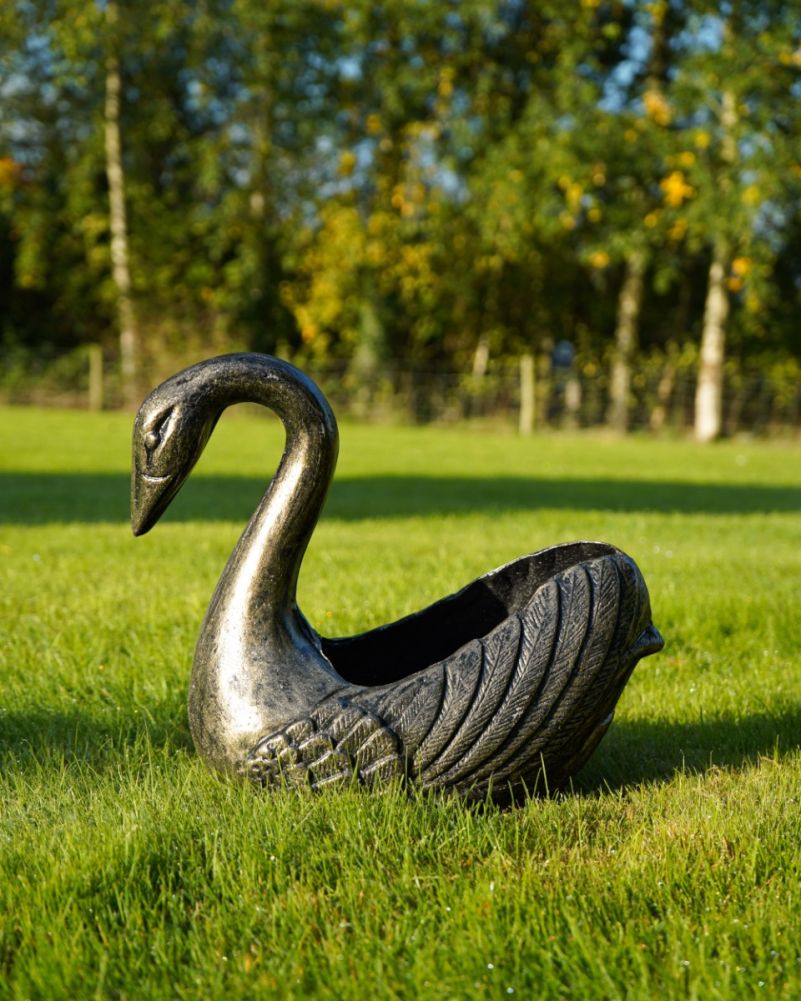 Small Black & Gold Ornate Swan Garden Planter Details