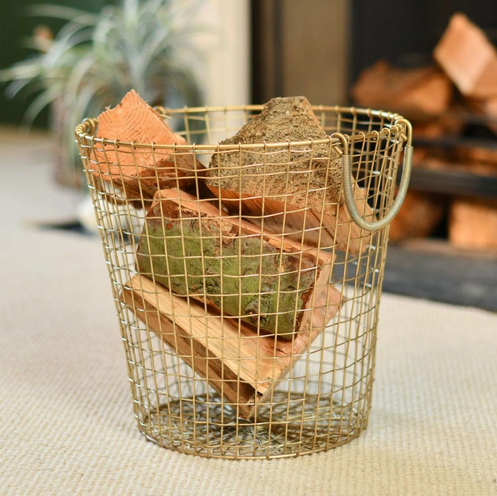 Small Brass Plated Wire Design Log Basket
