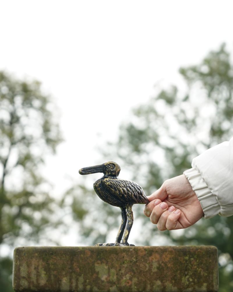 Small Freestanding Cast Aluminium 'Daphne' Black & Gold Pelican Garden Sculpture Scale
