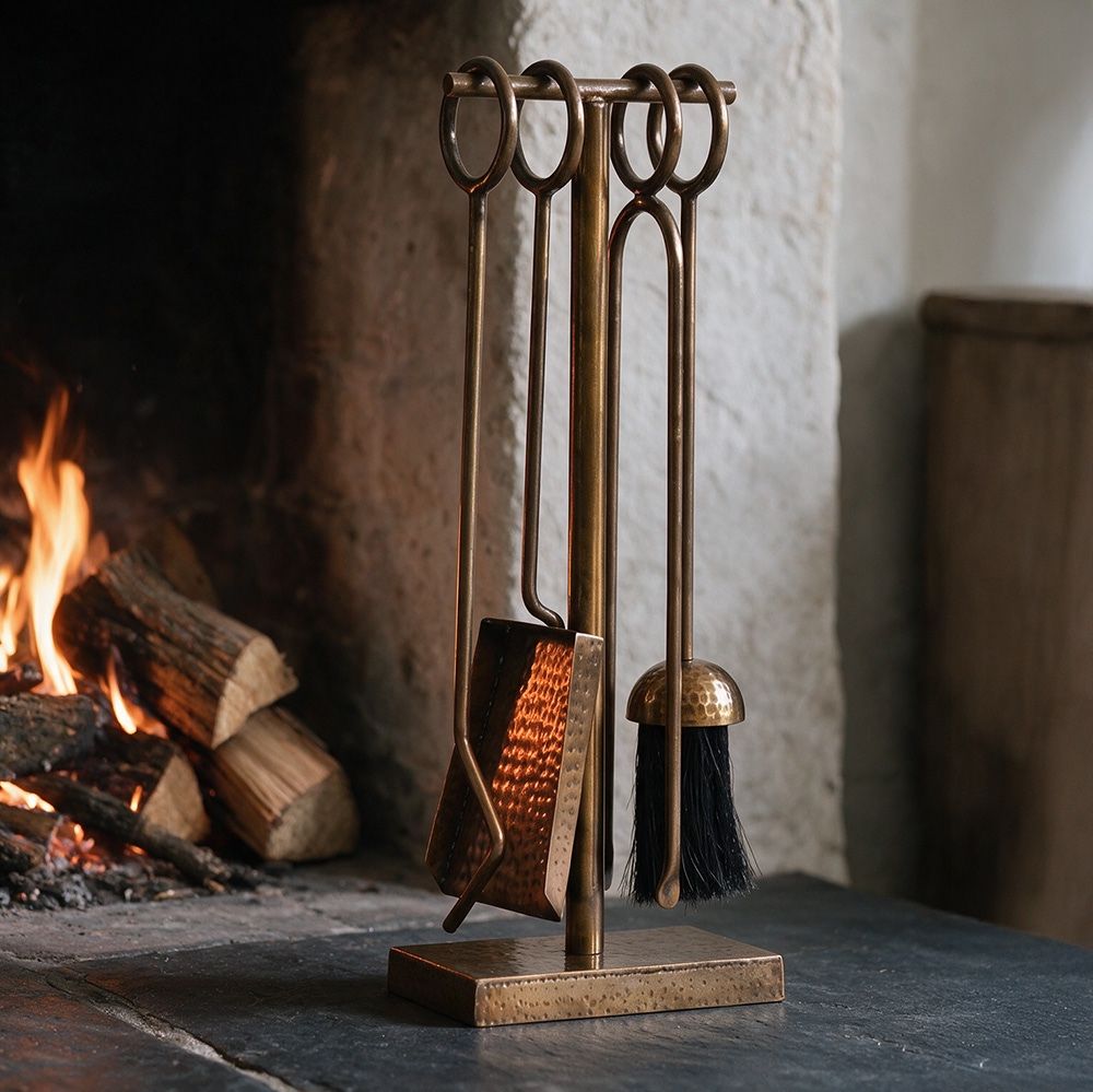 Small Hammered Antique Brass Companion Set Digital Illustration In Situ