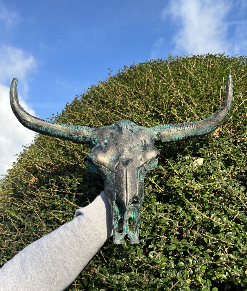 Small Cast Aluminium Verdigris Bison Skull Home Ornament