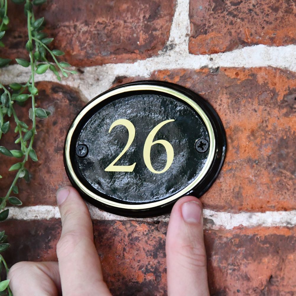 Black and Polished Brass House Number Sign With Vinyl Numbers Scale View
