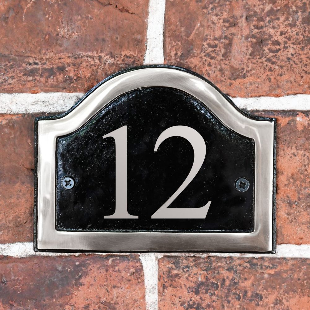 Black And Chrome Arched House Number Sign With Vinyl Numbers