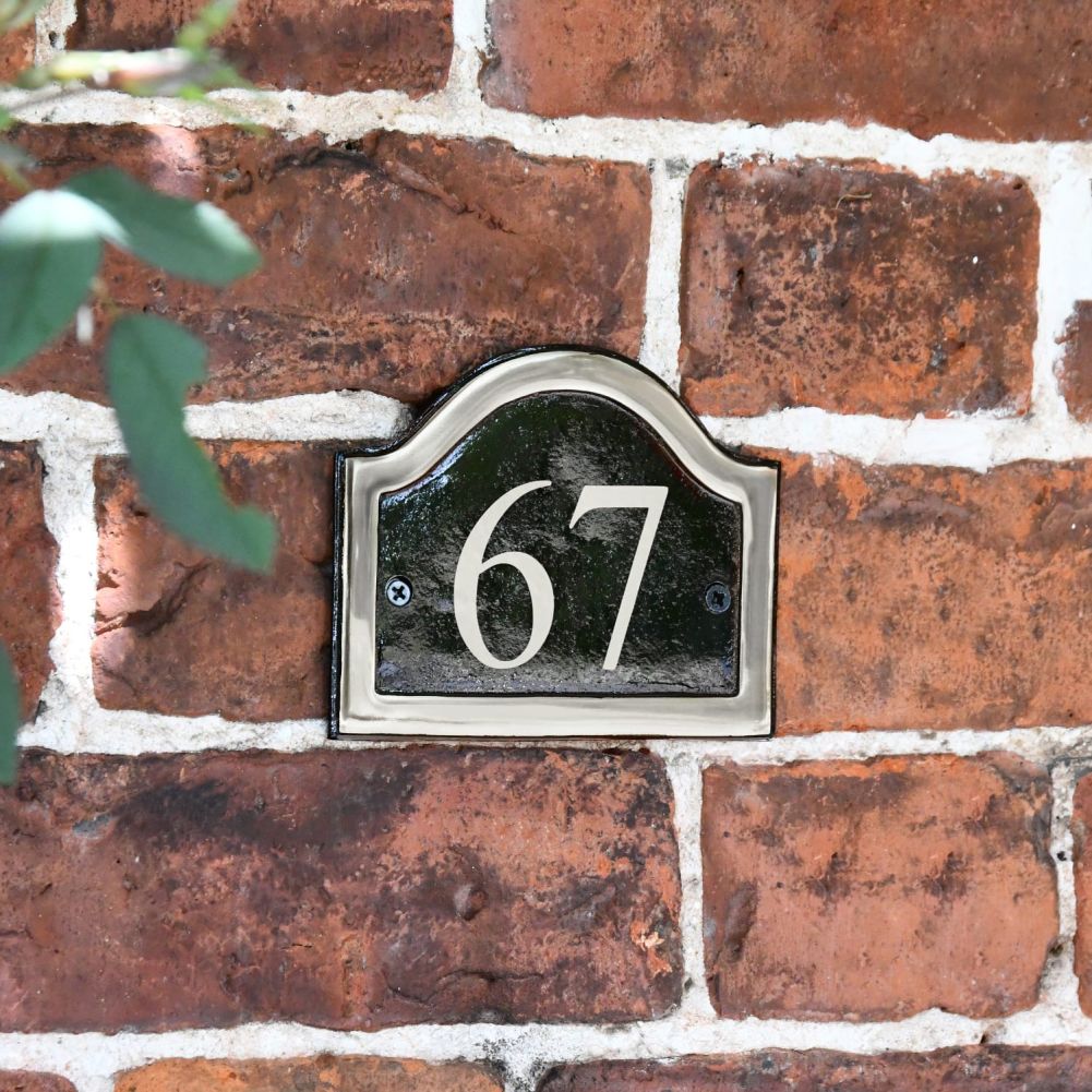Black And Chrome Arched House Number Sign With Vinyl Numbers
