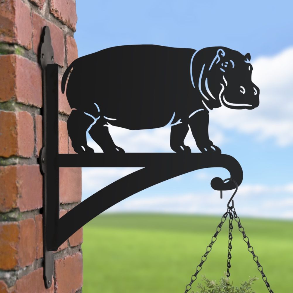 Standing Hippopotamus Hanging Basket Bracket In A Blue Sky Setting