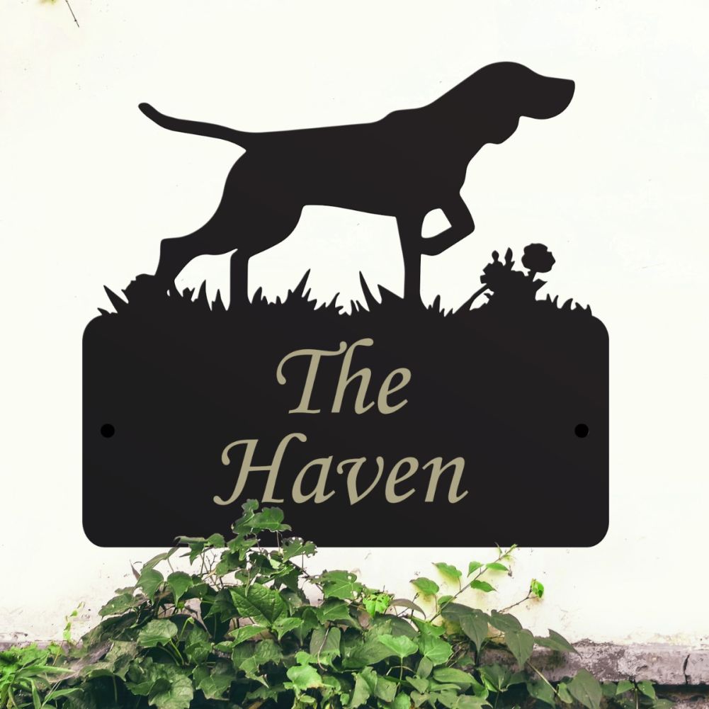 Steel German Shorthaired Pointer House Sign In Situ