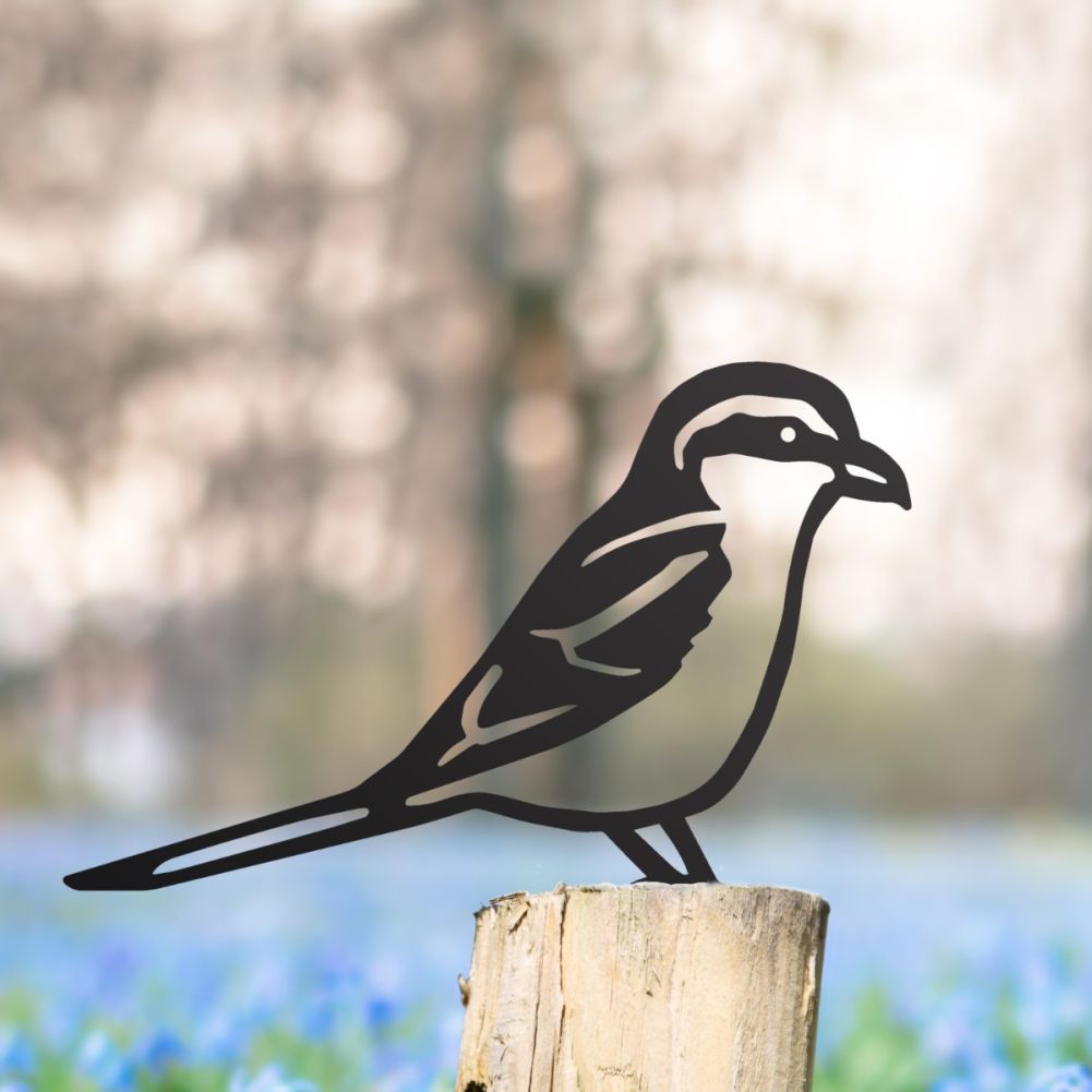 Steel Great Grey Shrike Fence Topper In Black In A Wildflower Setting