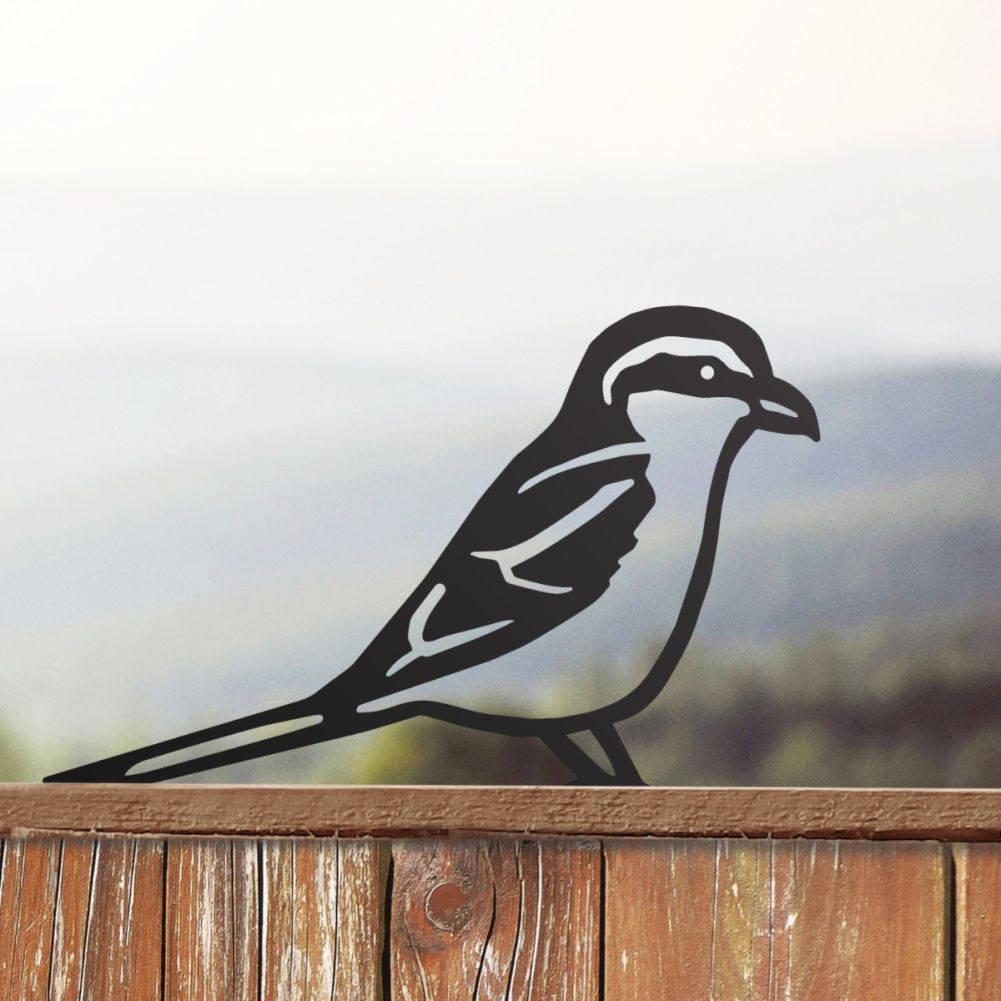 Steel Great Grey Shrike Fence Topper In Black In A Countryside Setting