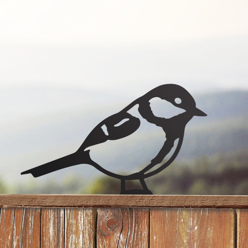 Steel Great Tit Fence Topper In Black In A Cloudy Setting