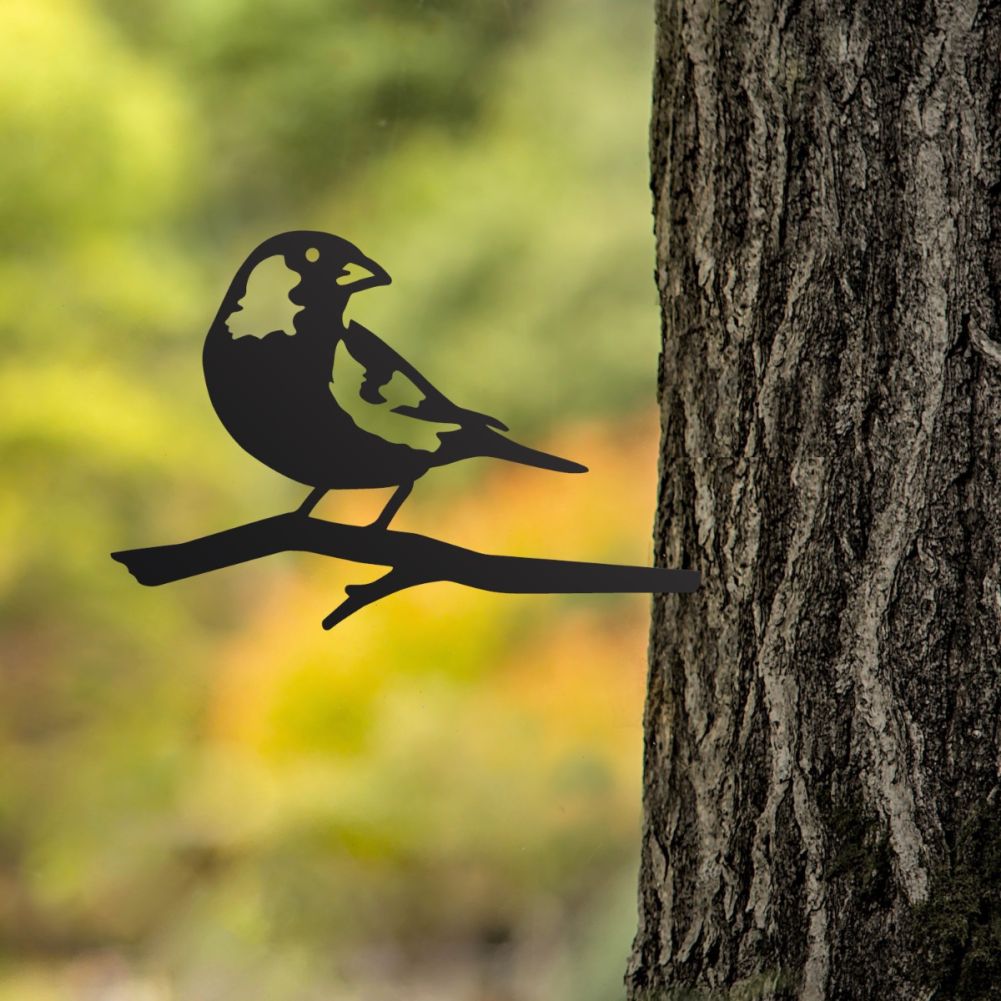 Steel Greenfinch Tree Spike In Black In A Garden Setting