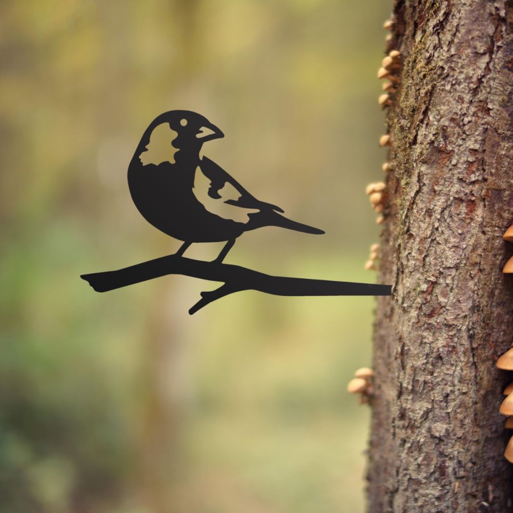 Steel Greenfinch Tree Spike In Black In A Woodland Setting