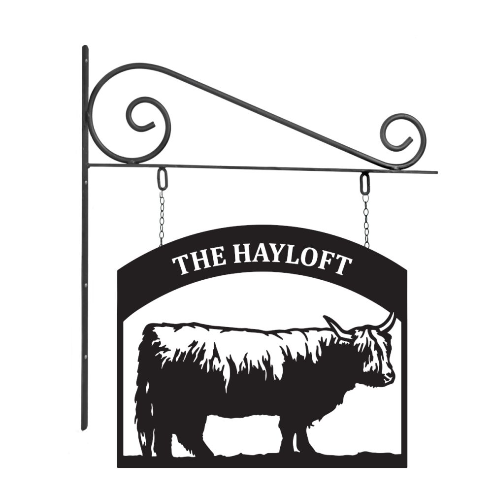 Steel Highland Cow Hanging House Name Sign On White Background