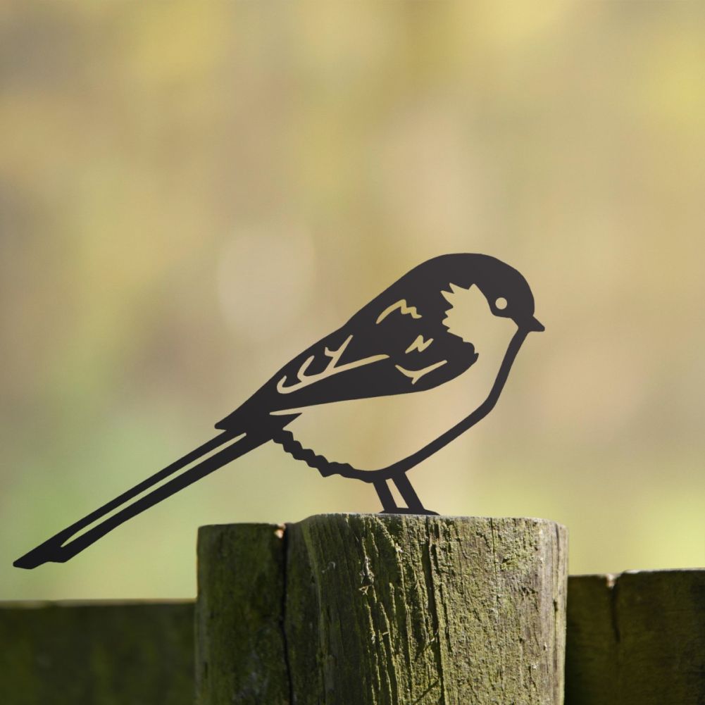 Steel Long-Tailed Tit Fence Topper In Black On A Fence