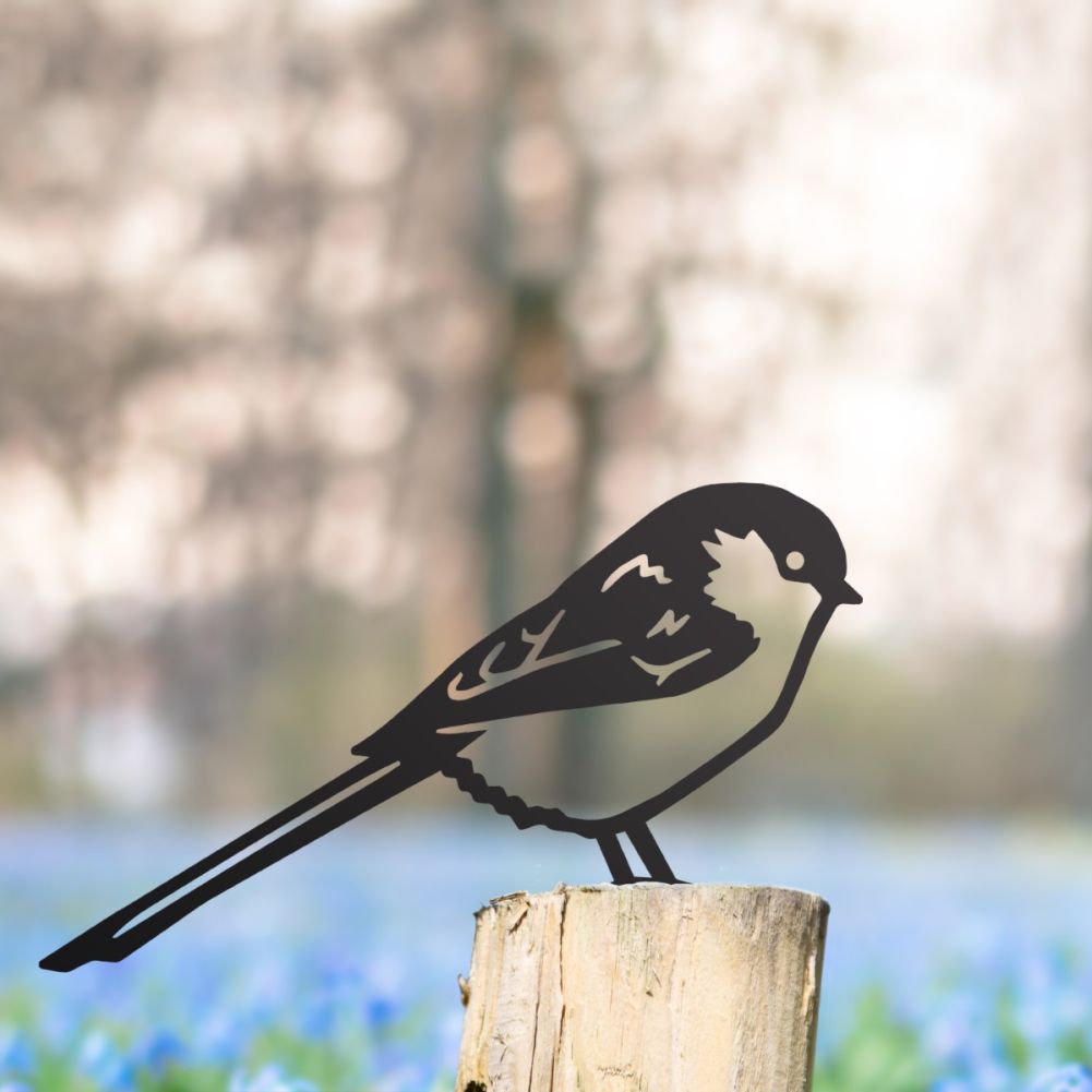 Steel Long-Tailed Tit Fence Topper In Black In A Wildflower Setting