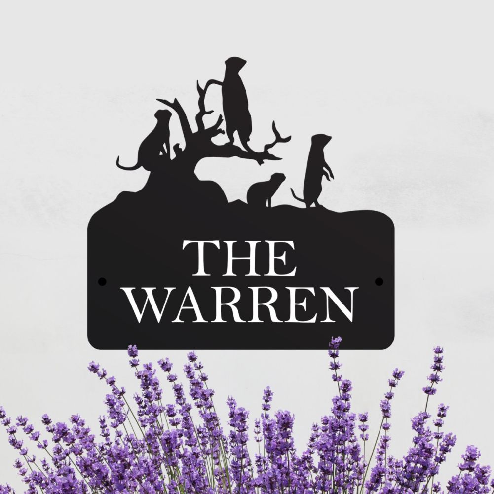 Steel Meerkat House Sign In A Lavender Setting