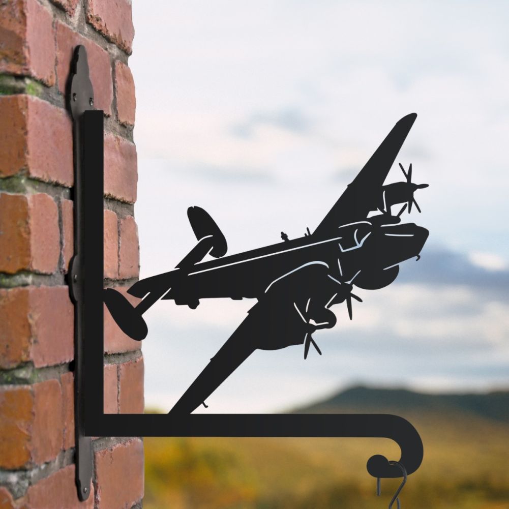Steel RAF Shackleton Plane Hanging Basket Bracket in a Farm Setting