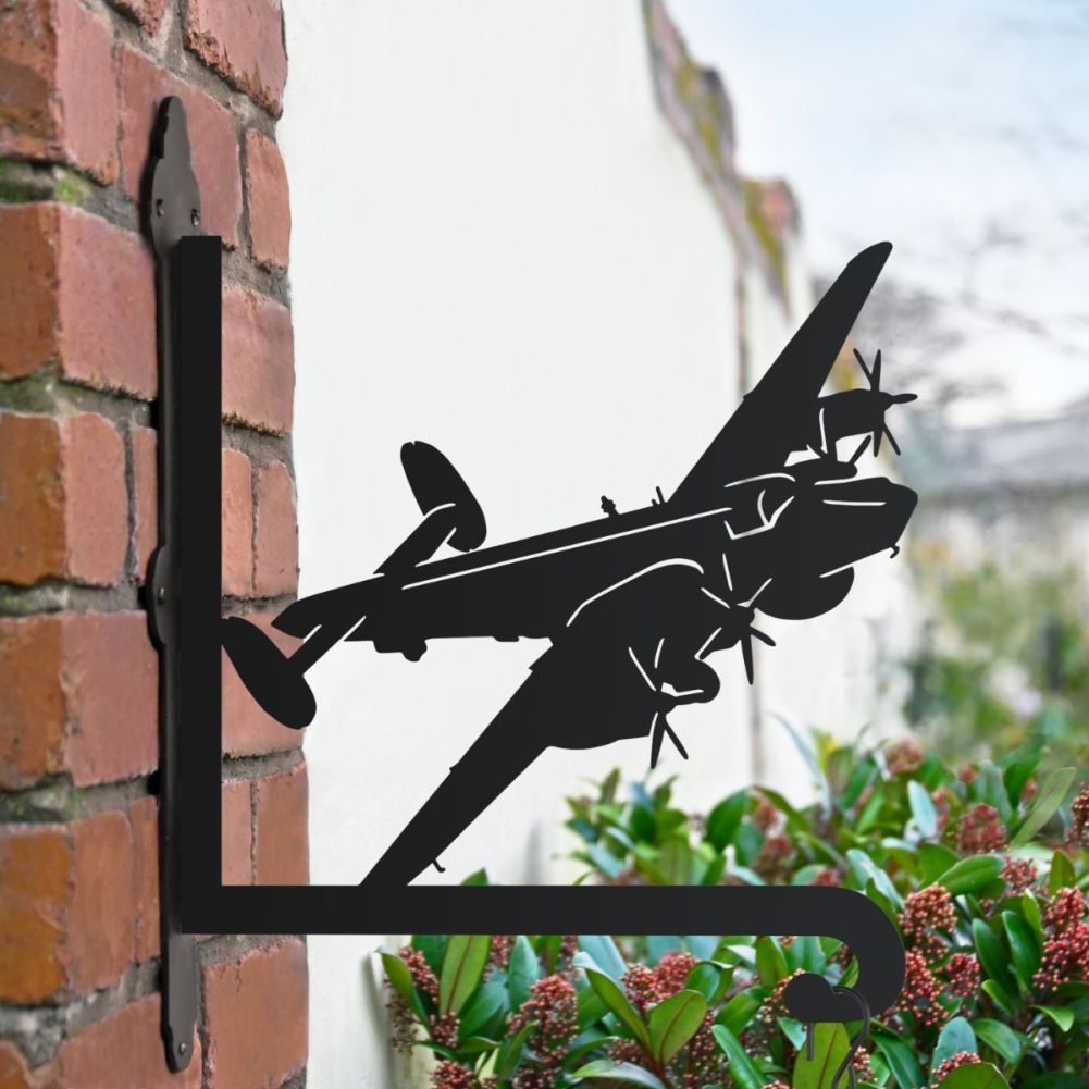 Steel RAF Shackleton Plane Hanging Basket Bracket in a Garden Setting